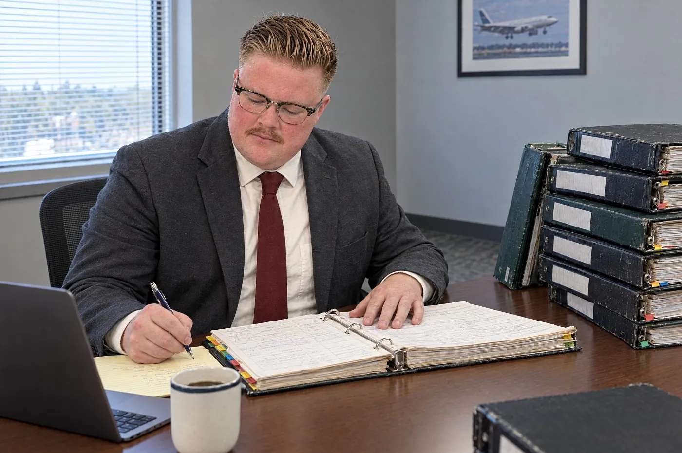 Advisor reviewing aircraft logbooks and records at a desk