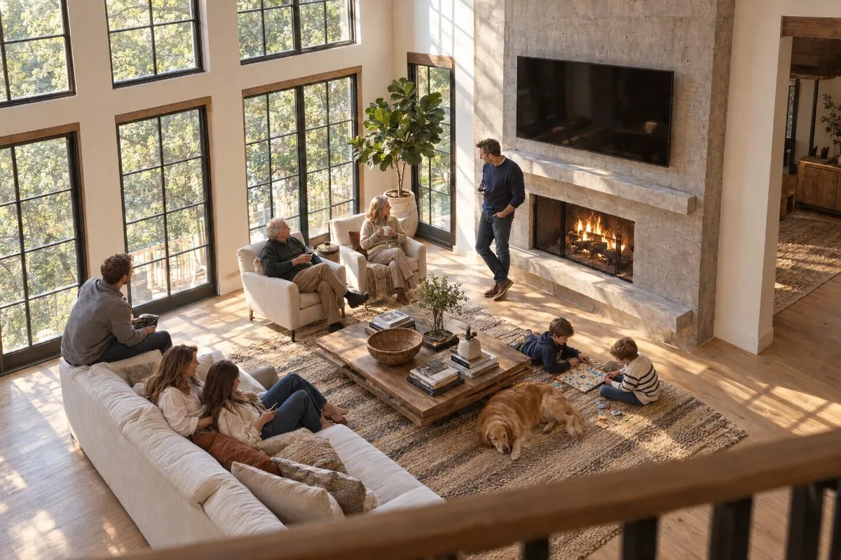 Multigenerational family gathered in the living room of a home
